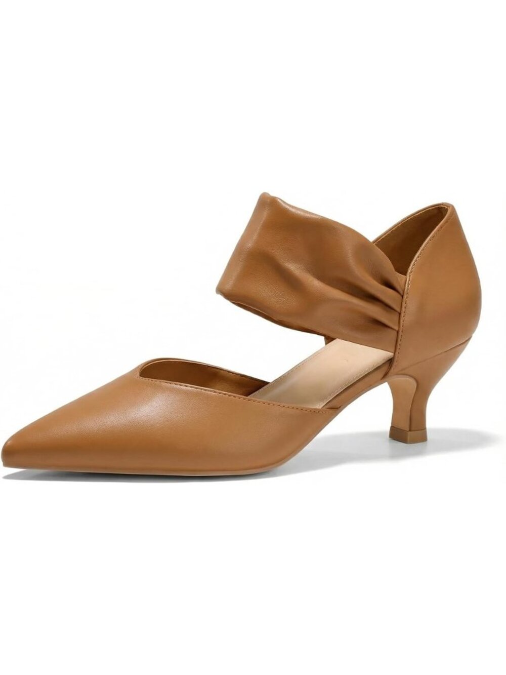 Women's Brown Faux Leather Slip on Pointed Toe Ankle Strap Low Kitten Heel Shoes